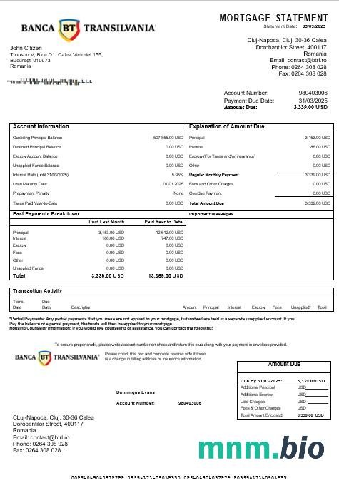 Rumunia Banca Transilvania wyciąg z kredytu hipotecznego w formatach Word i PDF